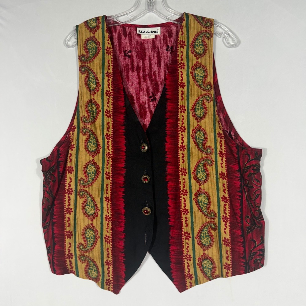 Vtg 90s Y2K Liz & Me Button Vest 16W Plus Paisley‎ Red Indie Whimygoth Boho USA